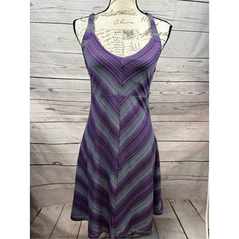 Tehama Purple Blue Striped V-Neck Criss Cross Back‎ A-Line Dress Small